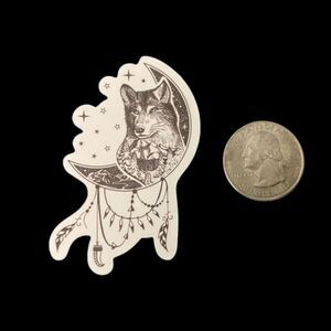 10/$10 – Wolf Crescent Moon Vinyl Sticker – Black & White Waterproof Decal
